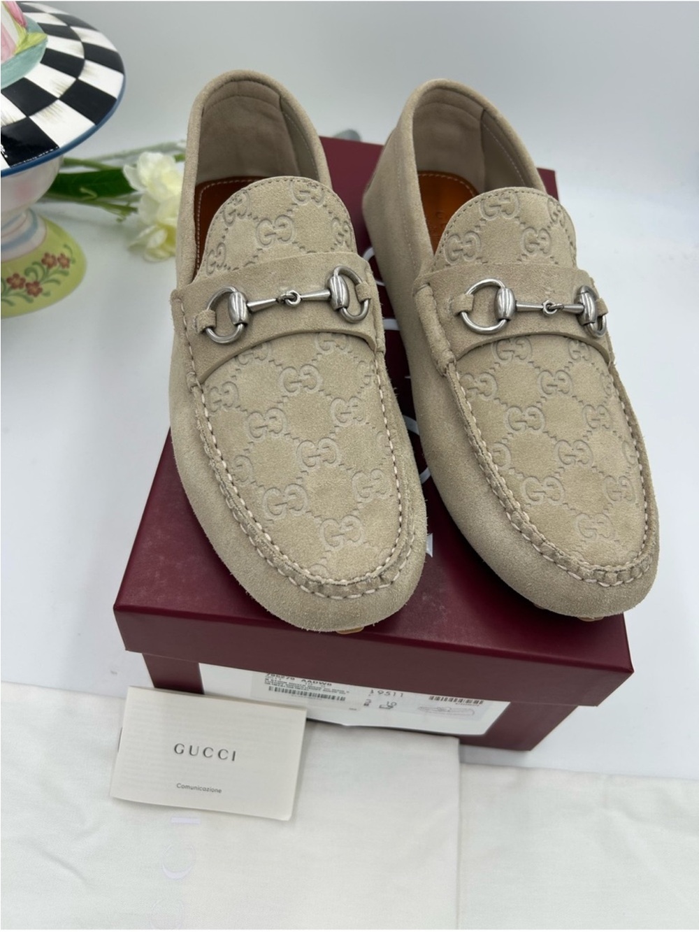 SOLD !!!!!! Men’s Gucci GG embossed oatmeal suede   loafers size 10 fits 10.5 US - Picture 3 of 10